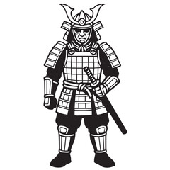 Vector minimalist illustration of traditional Japanese samurai clothing, designed in black and white theme, with sharp details and bold outline strongly emphasized black.