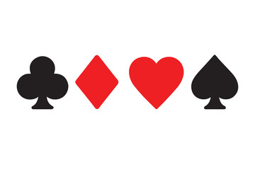 Vector illustration of four playing card icons, hearts and diamonds in red, clubs and spades in black, designed with clean bold graphic style.
