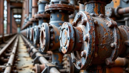 Rusted Industrial Pipes and Valves Abandoned Setting