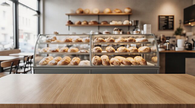 wooden table top in cozy bakery with fresh pastries display | cafe, baking, retail, food, restaurant theme - Powered by Adobe
