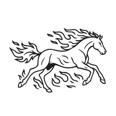 Stylized vector drawing of a horse surrounded by flames, illustrated in simple black and white tones with precise outline strongly defined using black.