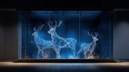 Abstract augmented reality Christmas window display featuring a minimalist wireframe reindeer digital glow effect on a dark background with subtle grid lines and a deep sky blue to navy gradient