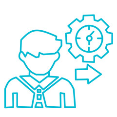 Time Management Line Icon – Minimal Blue Outline User with Clock and Forward Arrow