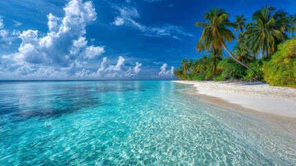 Fototapeta premium Pristine tropical beach with crystal clear turquoise water, white sand, and lush palm trees under a blue sky.