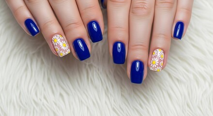 Chic Blue Nails with Daisy Accents
