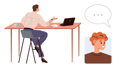 Man at desk using a laptop gestures during conversation, connected remotely to a character avatar in a speech bubble. Ideal for communication, teamwork, technology, remote work, collaboration