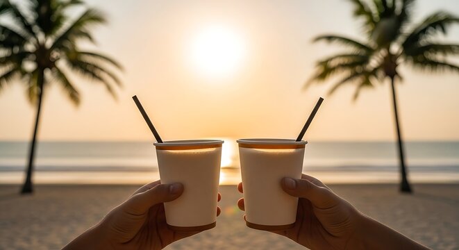Vibrant Tropical Sunset Toast - Hands Holding Refreshing Drinks Against Golden Beach and Silhouetted Palms.