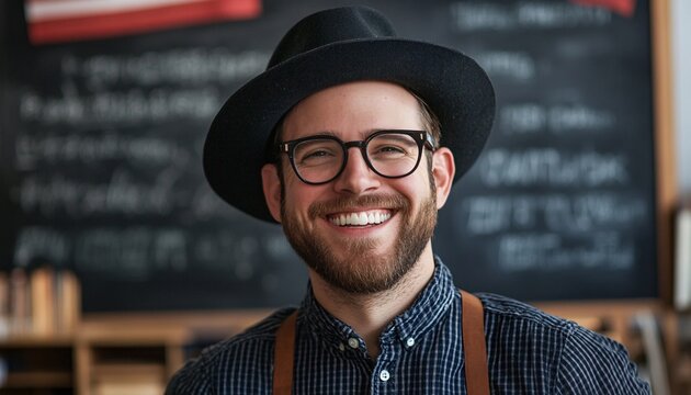 A portrait shows a smiling man with a beard and glasses, wearing a hat and suspenders, standing in front of a chalkboard in a workshop. - Powered by Adobe