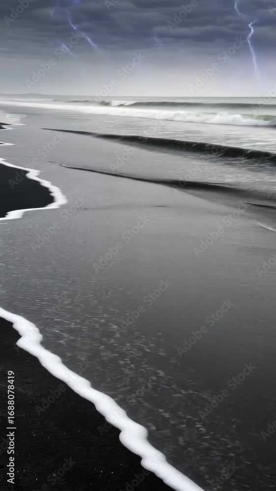 Poster a serene video captures a low-angle view of waves gently lapping a dark sandy beach under a moody sk