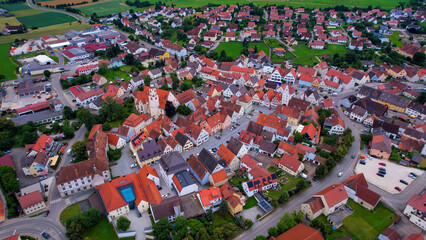 Aerial panorama view of the old town in the city Monheim in bavaria in Germany on a sunny day in spring