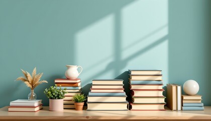 Serene Book Arrangement with Potted Plants and Soft Lighting