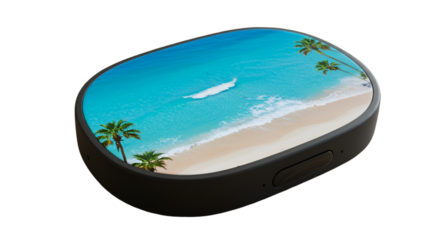 Escape to paradise with this beach themed smart device feel the ocean breeze and warm sand beneath your feet modern tech