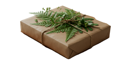 A lovingly wrapped gift adorned with fresh ferns and greenery tied with rustic twine symbolizing nature s beauty against