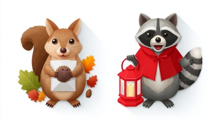 Fototapeta premium Cute cartoon squirrel and raccoon with autumn elements in vibrant colors