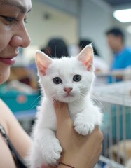 Woman holding a white kitten
