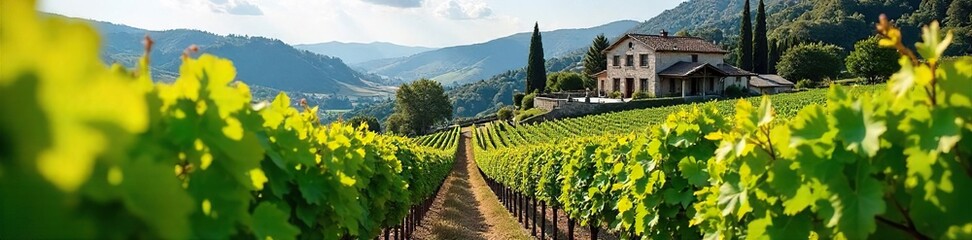 Obraz premium Sun-Drenched Hillside Vineyard Leading to Stone Winery Lush Green Grapevines Stretching Towards Charming Rustic Building, Perfect for Wine Country, Winemaking, and Winery Themes.