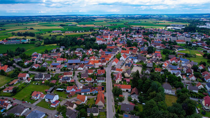 Aerial panorama view of the old town in the city Mertingen in bavaria in Germany on a sunny day in spring