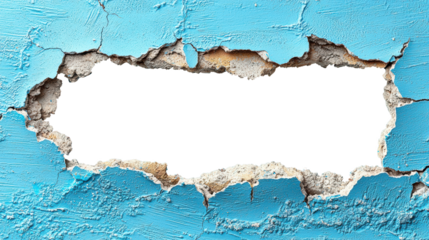 Cracked blue wall effect with opening revealing a white area for creative design or text placement, PNG, isolated on transparent background.