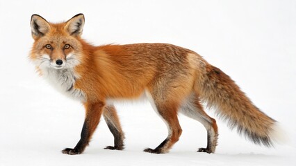 A red fox vulpes standing on a white background
