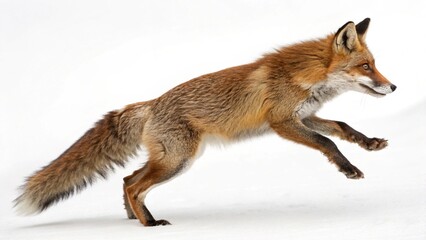 Fototapeta premium A four-year-old red fox, a wild mammal, stands isolated against a white background in a studio shot