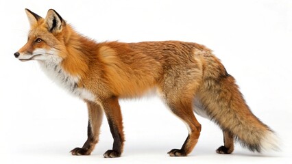 Fototapeta premium A four-year-old red fox, a wild animal, stands on a white background in a studio shot, a furry mammal with a striking portrait