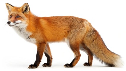 Fototapeta premium A red fox, Vulpes vulpes, stands on a white background in a studio portrait