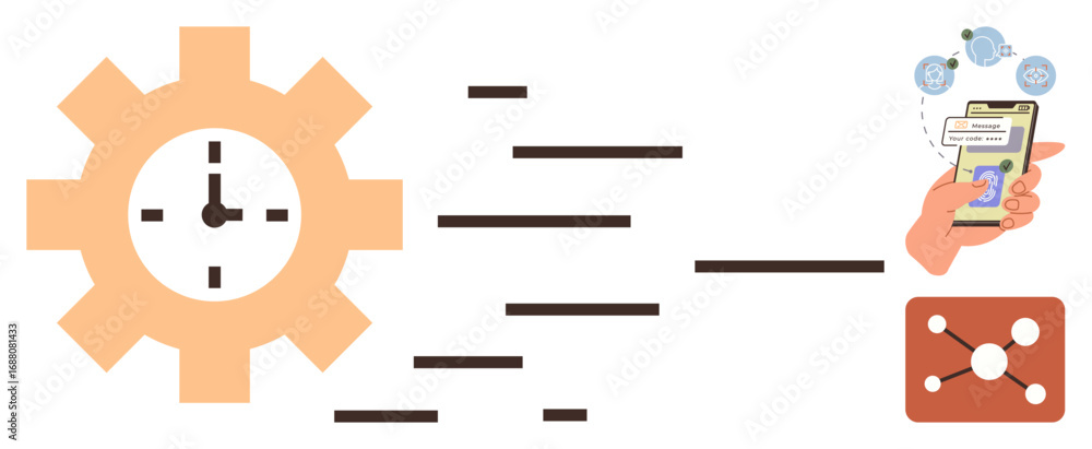 Poster gear with clock represents automation, hand using smartphone with notifications, and network connect