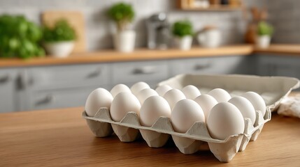 Fresh white eggs in carton on wooden kitchen countertop for cooking and baking