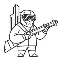 Line art illustration of a person holding a shotgun and a large backpack silhouette