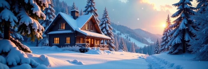 A secluded house bathed in soft light, snow falling , night, fairy tale, warm