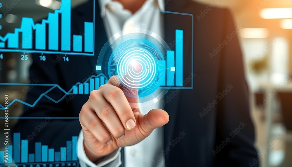 Poster man using biometric scanner on digital financial data interface businessman finance