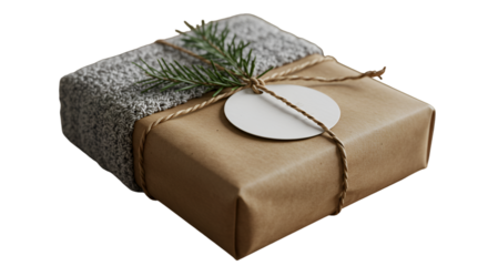 A thoughtfully wrapped gift with earthy brown paper twine a sprig of evergreen and a cozy grey detail against a black