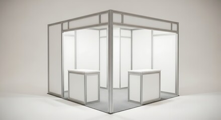 Clean Modular Exhibition Booth with Two Counters in an Empty Studio Space.
