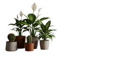 A calming collection of potted peace lilies and cacti evokes tranquility promoting indoor serenity on a sleek black