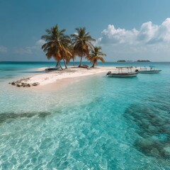 Obraz premium Tropical Beach Scene with Palm Trees and Boats on Clear Blue Water under Sunny Sky Perfect for Vacation Travel and Relaxation Themes