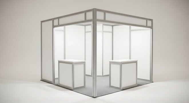 Clean Modular Exhibition Booth with Two Counters in an Empty Studio Space.