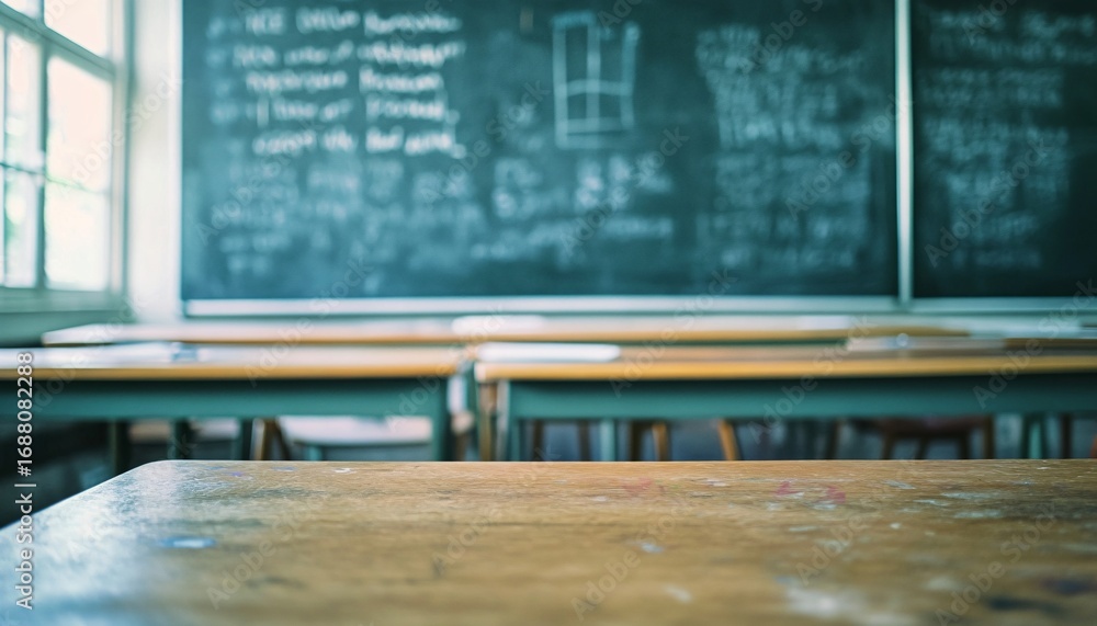 Poster the image shows a close-up of an empty wooden desk in a classroom; the background includes a chalkbo