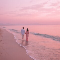 Tranquil Couple Walking Along Serene Beach at Sunset with Pink Sky and Gentle Waves Creating a Relaxing and Romantic Atmosphere