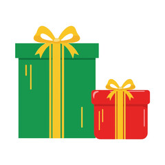 Vector art of two festive gift boxes, one large green and one smaller red, both tied with yellow ribbon and bow