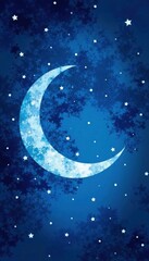 Fototapeta premium Celestial blue watercolor crescent moon, shimmering stars , peace, indigo