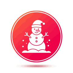 Vector art of a charming white snowman wearing a santa hat and buttons, depicted in a circular icon with a red textured background