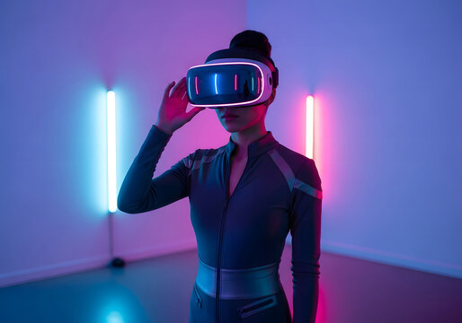 Immersive virtual reality experience with a futuristic woman in a neon world - Powered by Adobe