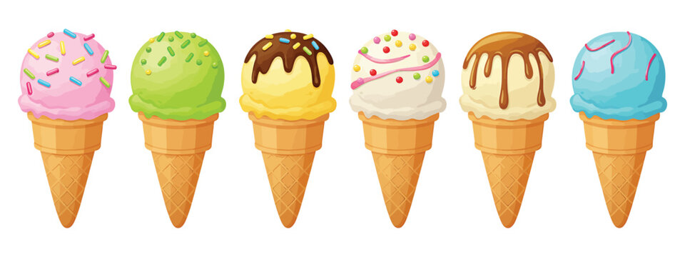 Colorful ice cream set. Tasty summer dessert. Ice-cream scoop and waffle cone with different toppings