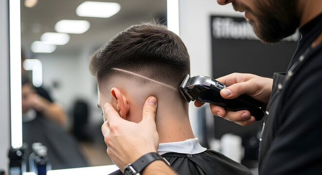 Skilled barber meticulously shaping modern fade with precision clippers for stylish client