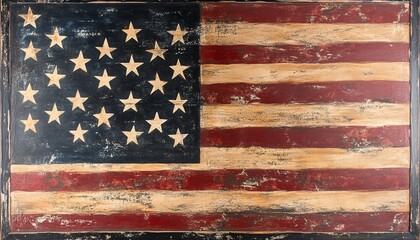 The image shows a rustic wooden sign featuring a painted American flag with a distressed, antique look, showing the dark-stained wood beneath the paint.