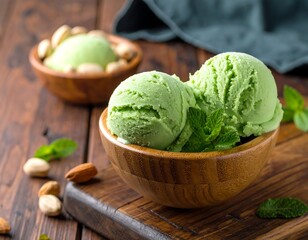 Pistachio ice cream scoops in a wooden bowl