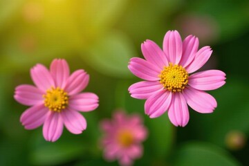 Obraz premium Close-up, cheerful pink & yellow flowers on green Ample copy space , details, yellow, fresh