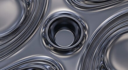 Aesthetic metal abstract composition showcasing circular shapes and fluid lines emphasizing depth and metallic