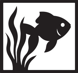 Black and white goldfish silhouette swims near seaweed vector illustration graphic art