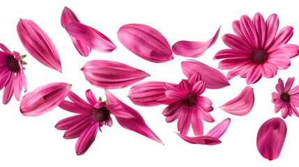 Pink Daisy Flowers With Scattered Loose Petals For Decoration, PNG, isolated on transparent background.